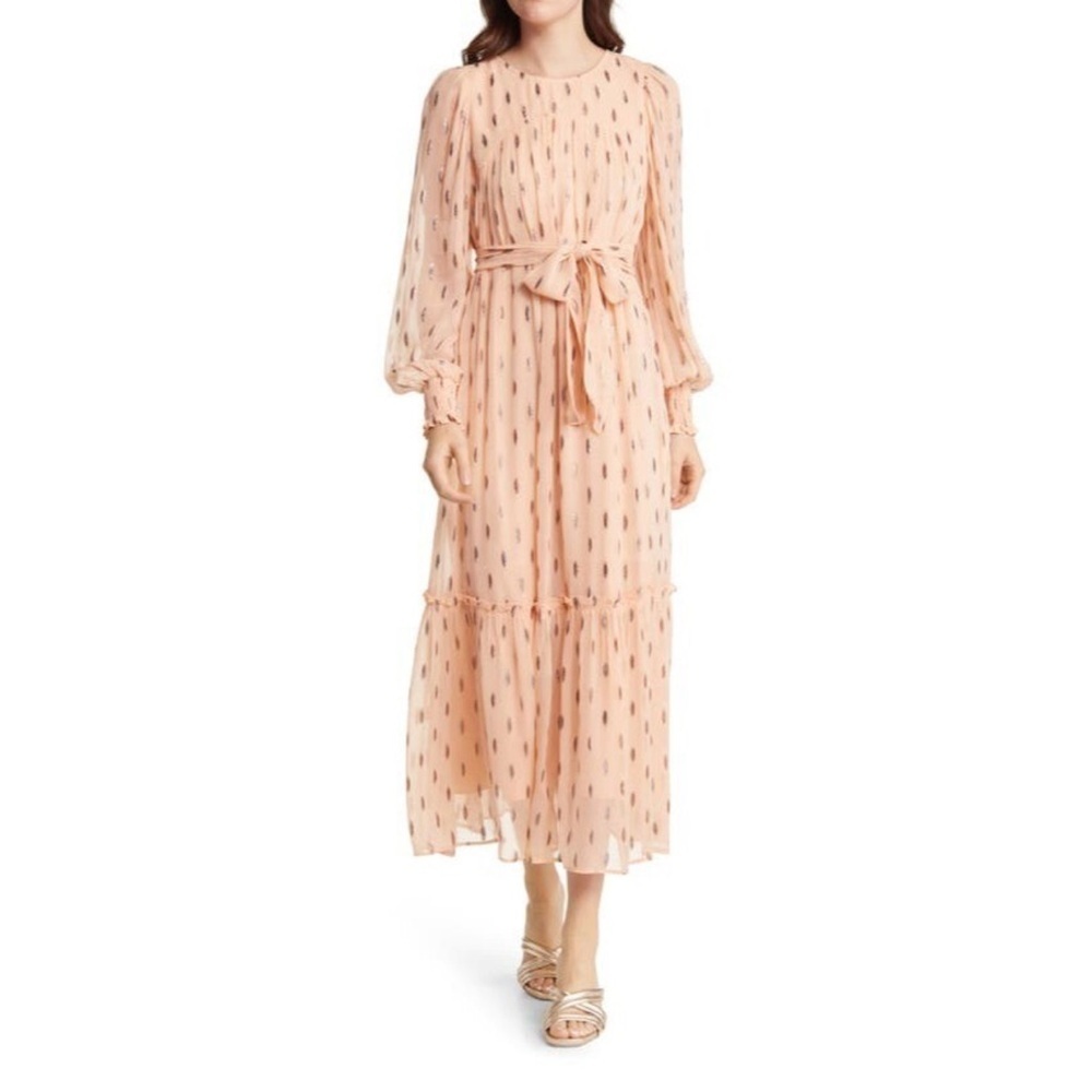 CIEBON Eryn Blush Metallic Print Tie Waist Long Sleeve Maxi Dress Sz S Cottage